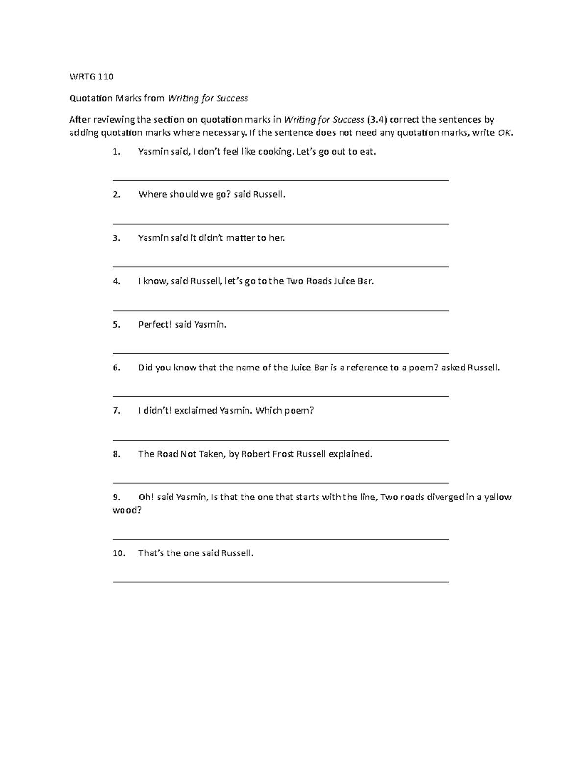 Quotation marks exercise - WRTG 110 Quotation Marks from Writing for ...