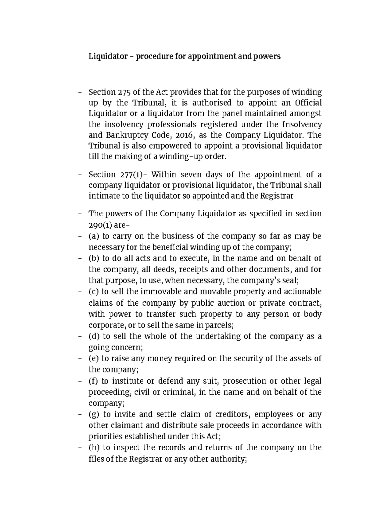Liquidator notes Liquidator procedure for appointment and powers