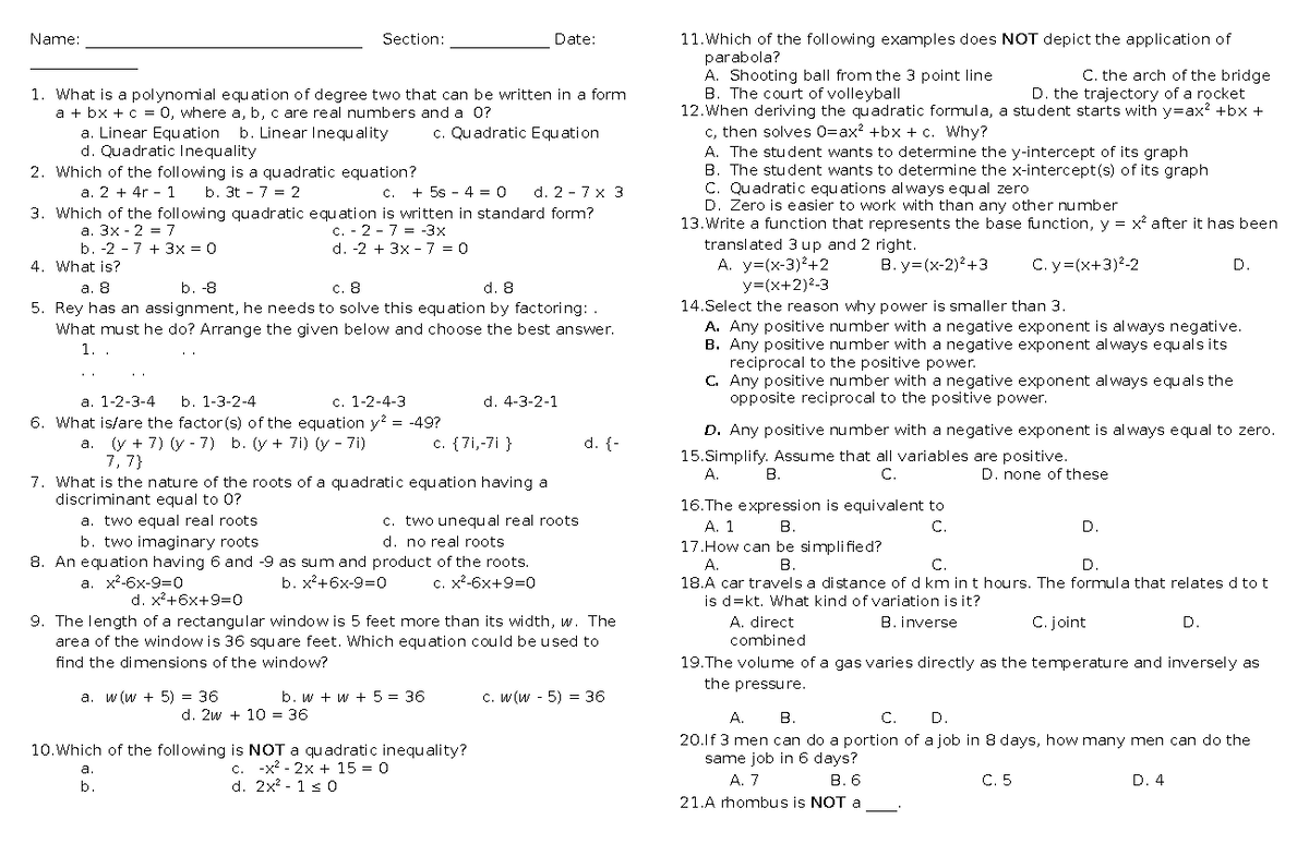 Math 9 Pretest - Name: ____________________________________ Section ...