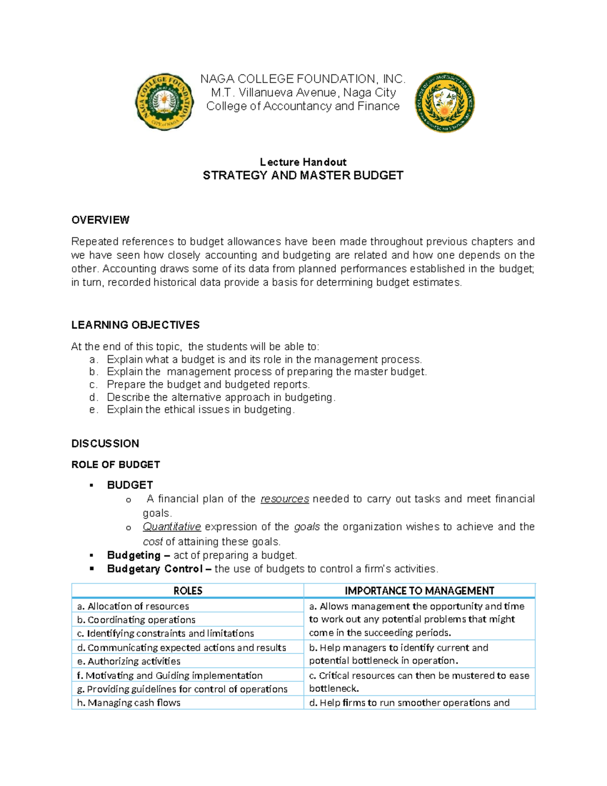 Strategy and Master Budget - NAGA COLLEGE FOUNDATION, INC. M ...
