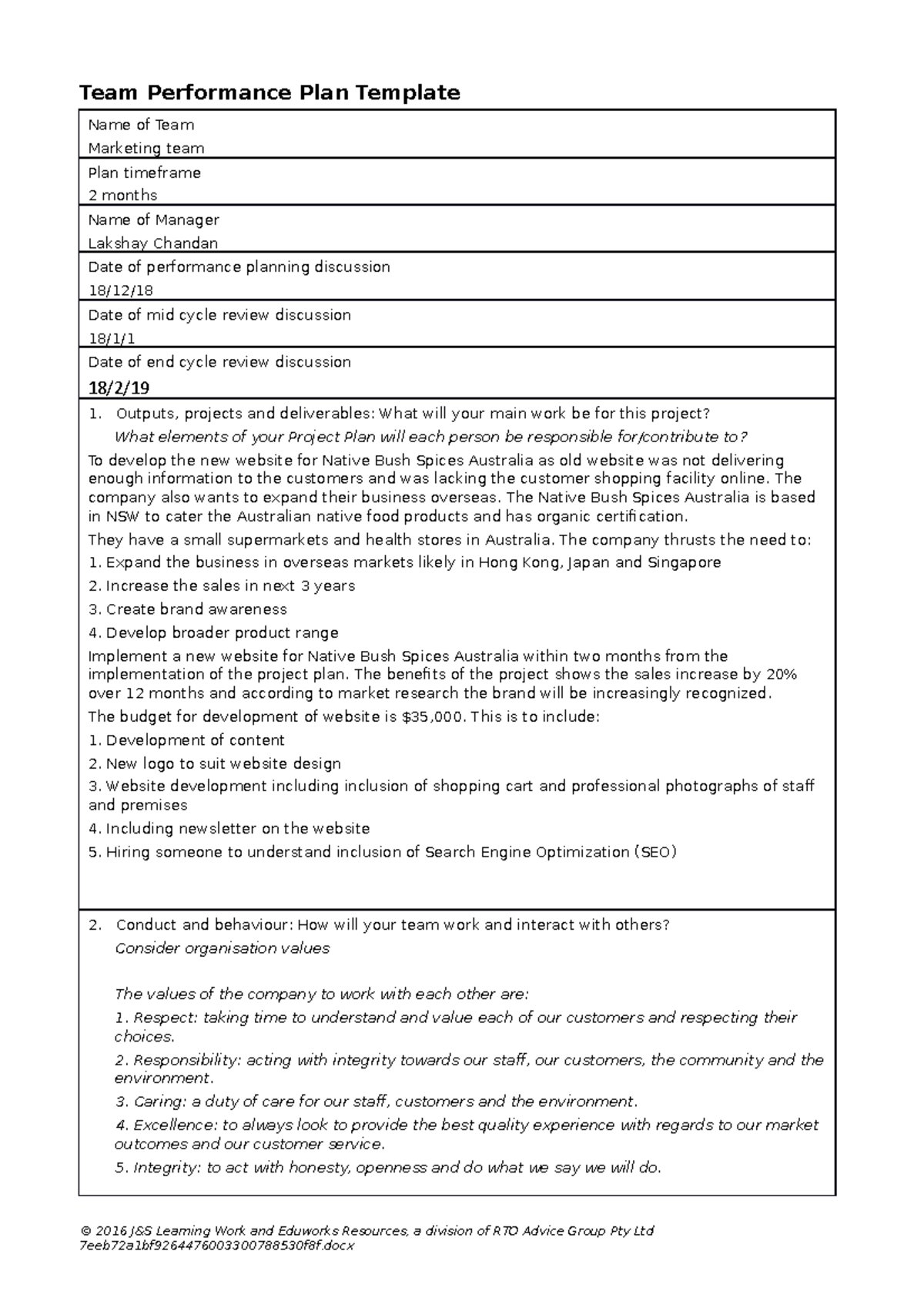 Team Performance Plan V1 0 Team Performance Plan Template Name of Team Performance Plan V1 0 Team Performance Plan Template Name of