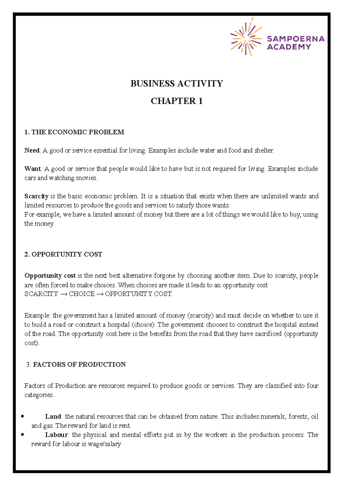 Chapter 1 Business Activity - BUSINESS ACTIVITY CHAPTER 1 1. THE ...