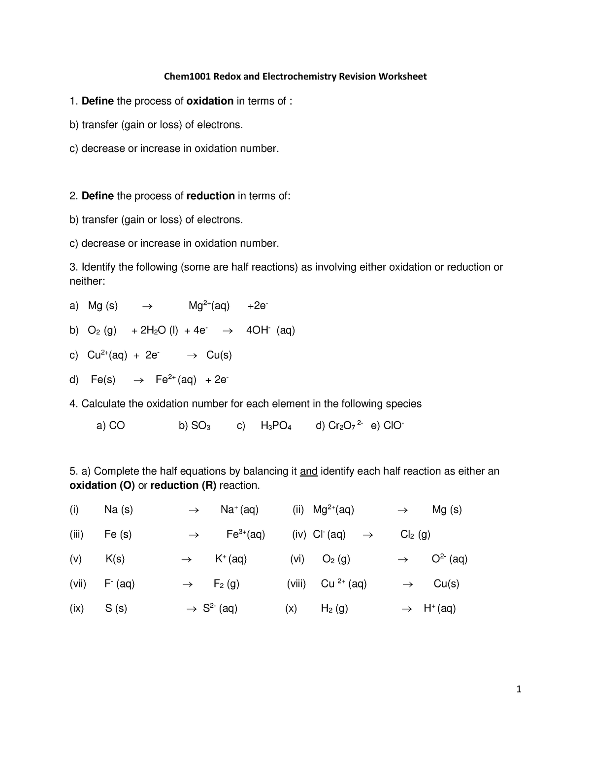 Redox revision worksheet Chem1001 Redox and Electrochemistry Revision