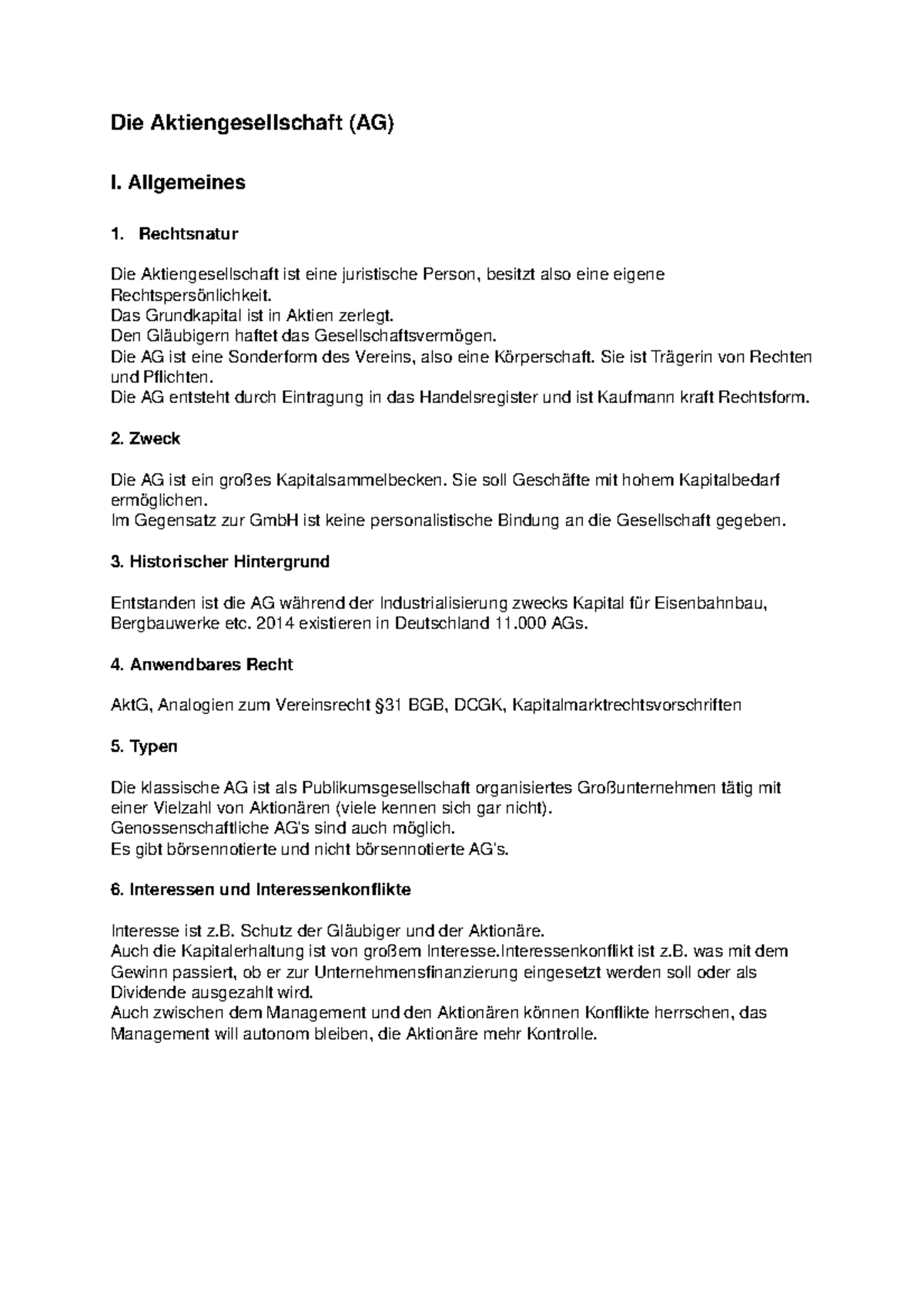 Die Aktiengesellschaft - Zusammenfassung - Die Aktiengesellschaft (AG ...