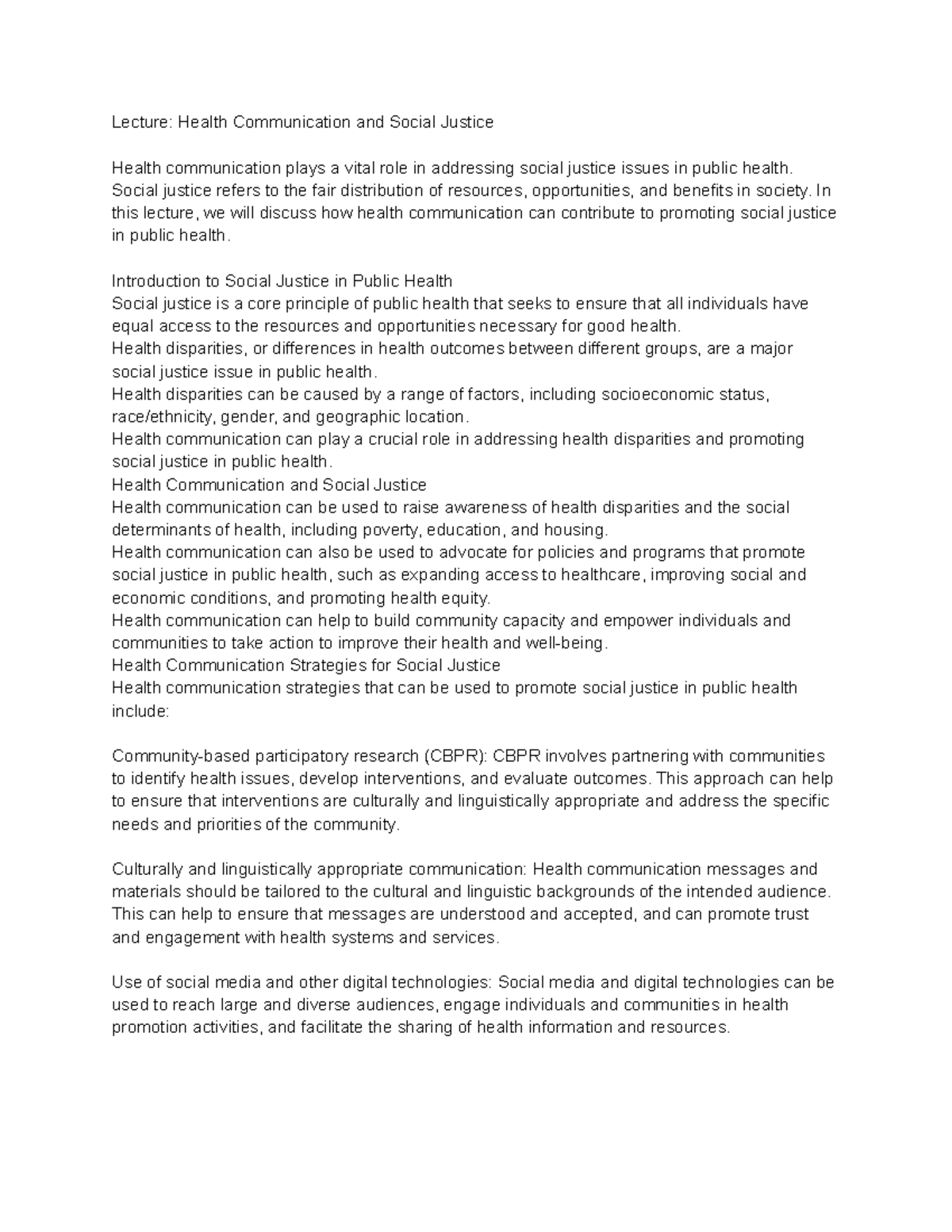 Health Communications (HLE2410) Lecture 31 Health Communication and