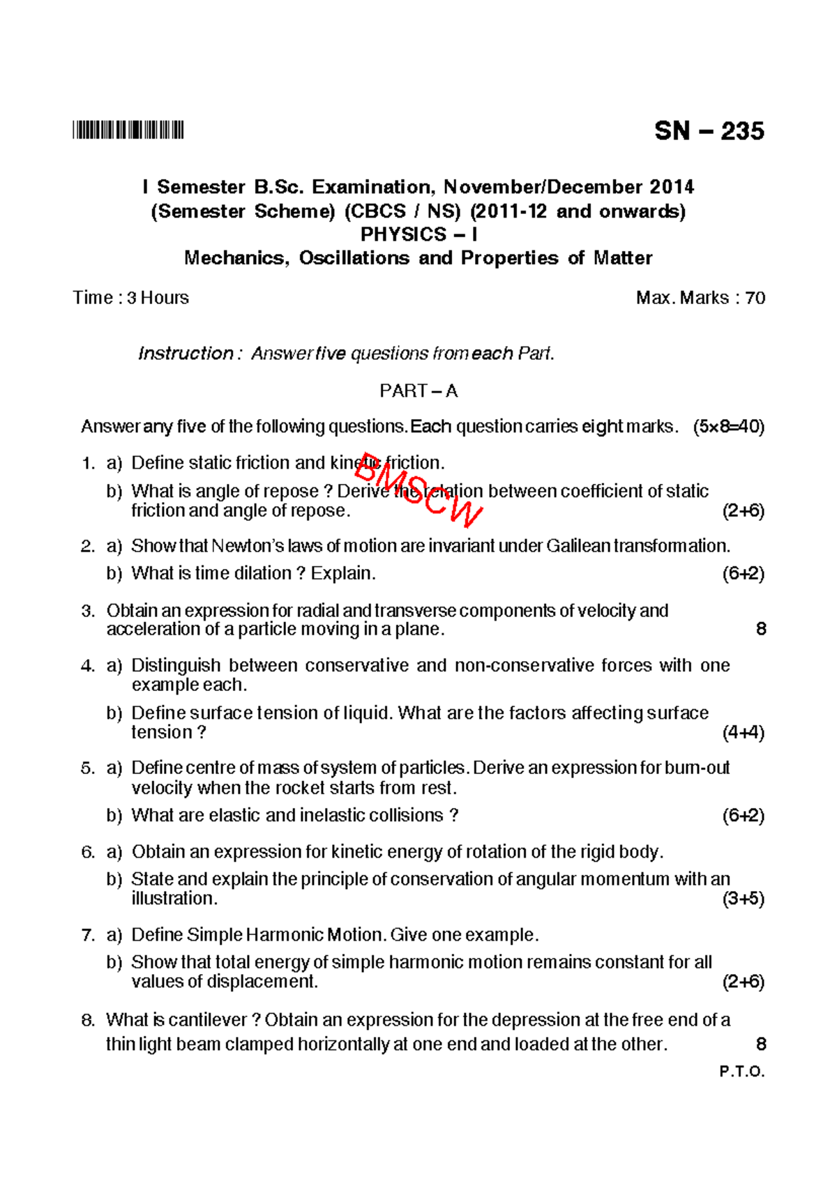 Physics - Practice Question Papers - P.T. B XPQSB SN – 235 I Semester B ...