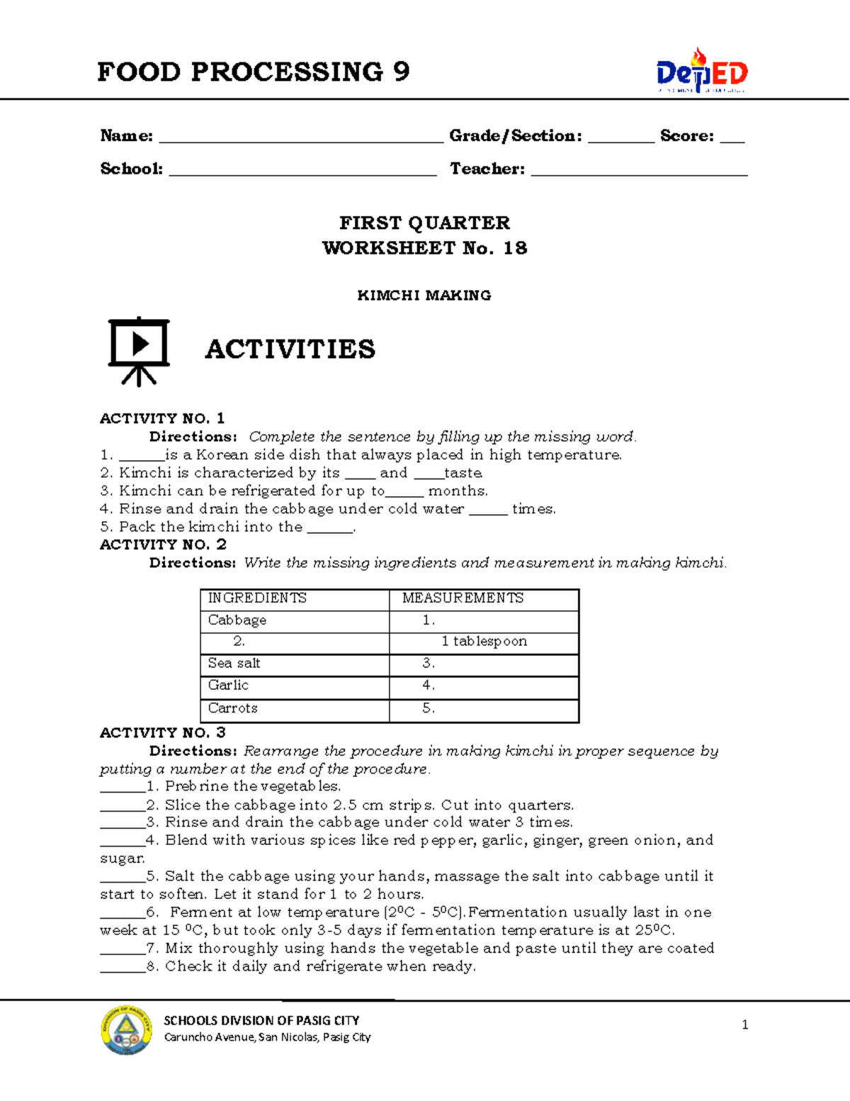 Sptve 9-FOOD Processing TECH9-Q1-DW18 - 1 FOOD PROCESSING 9 SCHOOLS ...