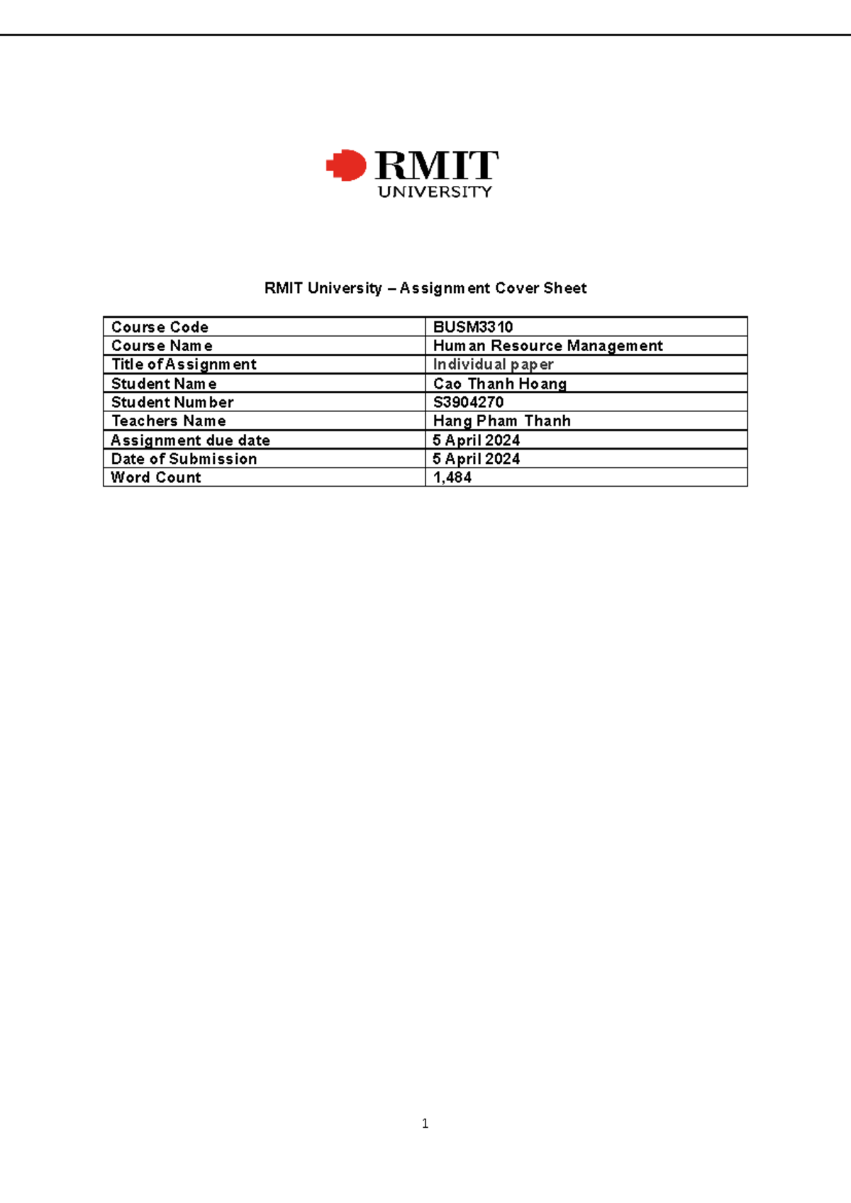 SGS Group 4 Cao Thanh Hoang S3904270 RMIT University Assignment Cover Sheet Course Code BUSM