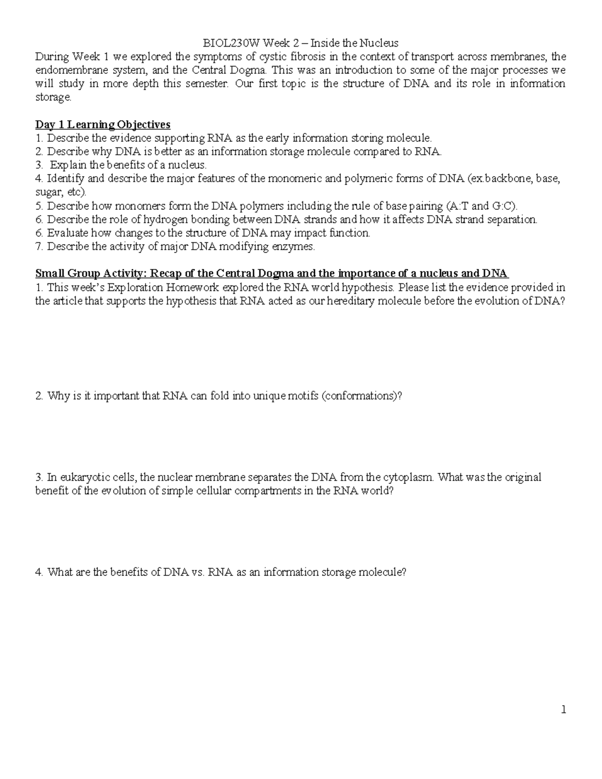 Week 2 Student - notes - BIOL230W Week 2 – Inside the Nucleus During ...