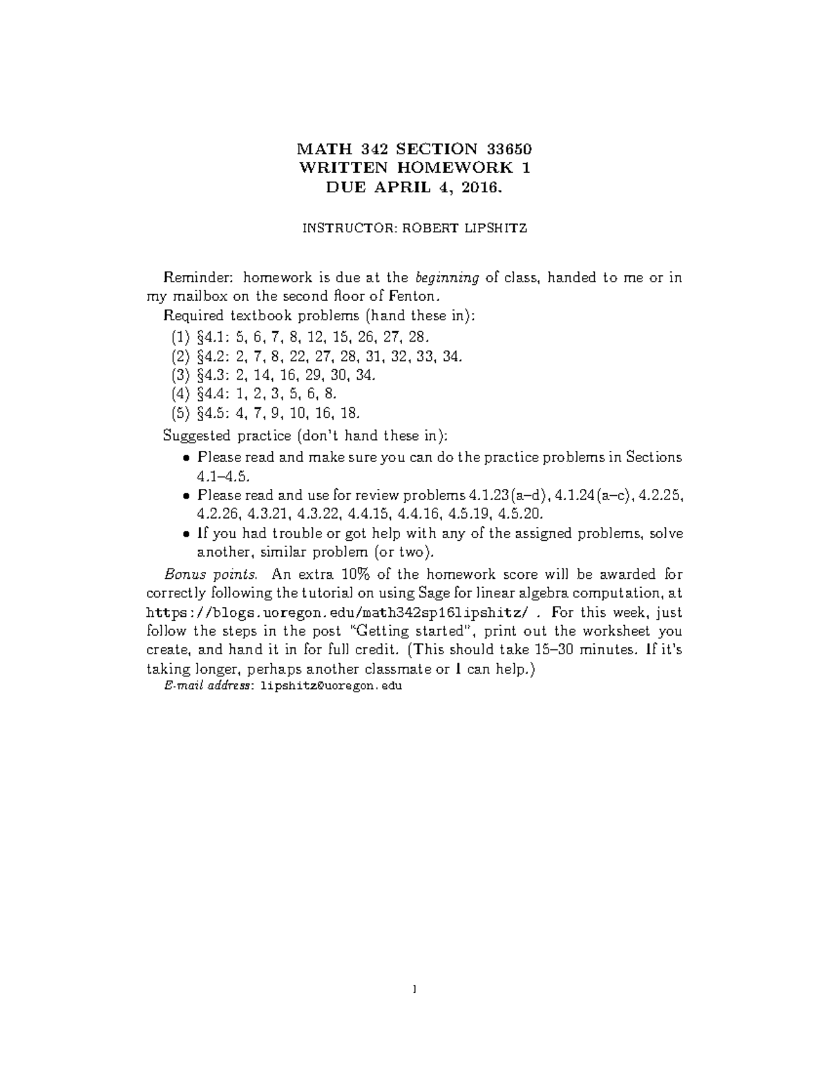 HW1 - Homework Assignment 1 - MATH 342 SECTION 33650 WRITTEN HOMEWORK 1 ...