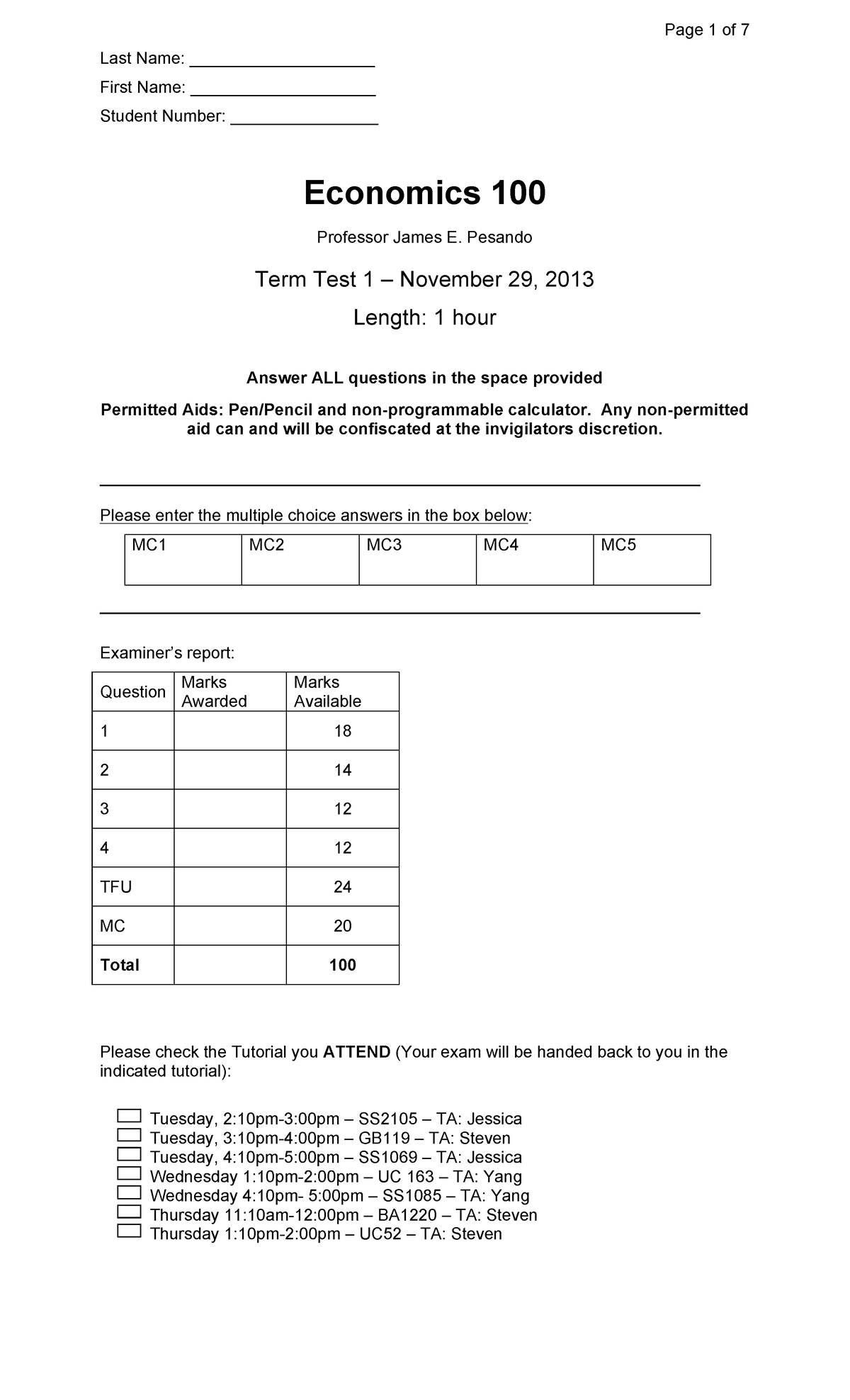 Exam 2013, questions and answers - Page 1 of 7 Last Name ...