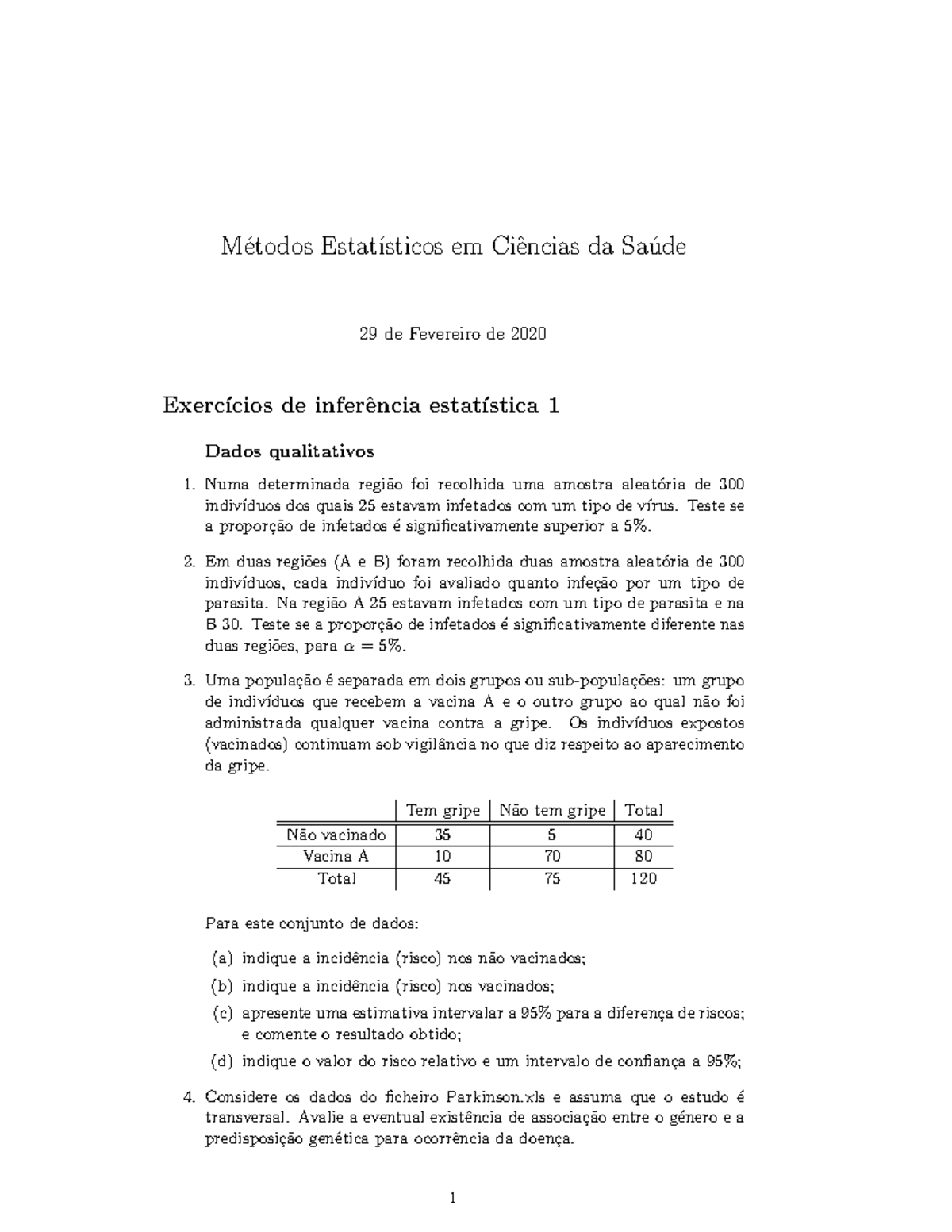 Exercícios De Inferência Estatística 1 M ́etodos Estat ́ısticos Em Ciˆencias Da Sa ́ude 29 De 5998