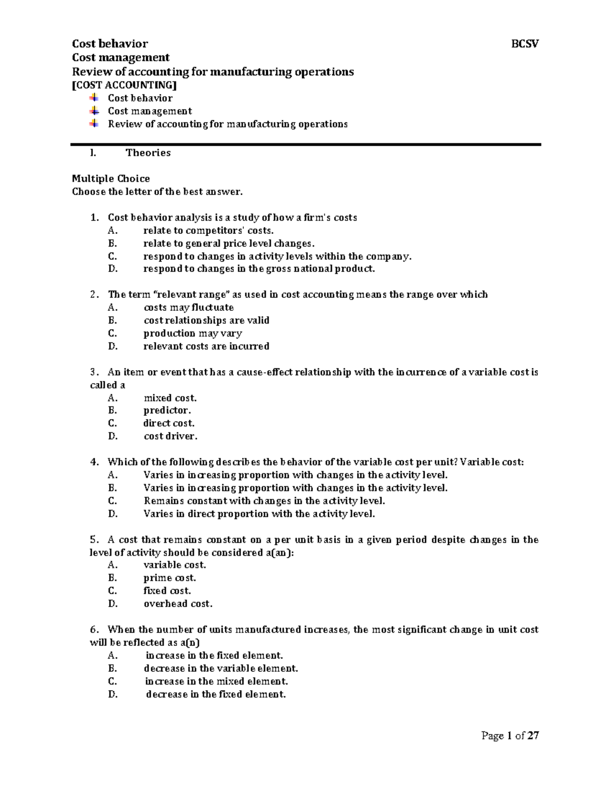 COST Accounting 1 2 Final Cost Management Review Of Accounting For