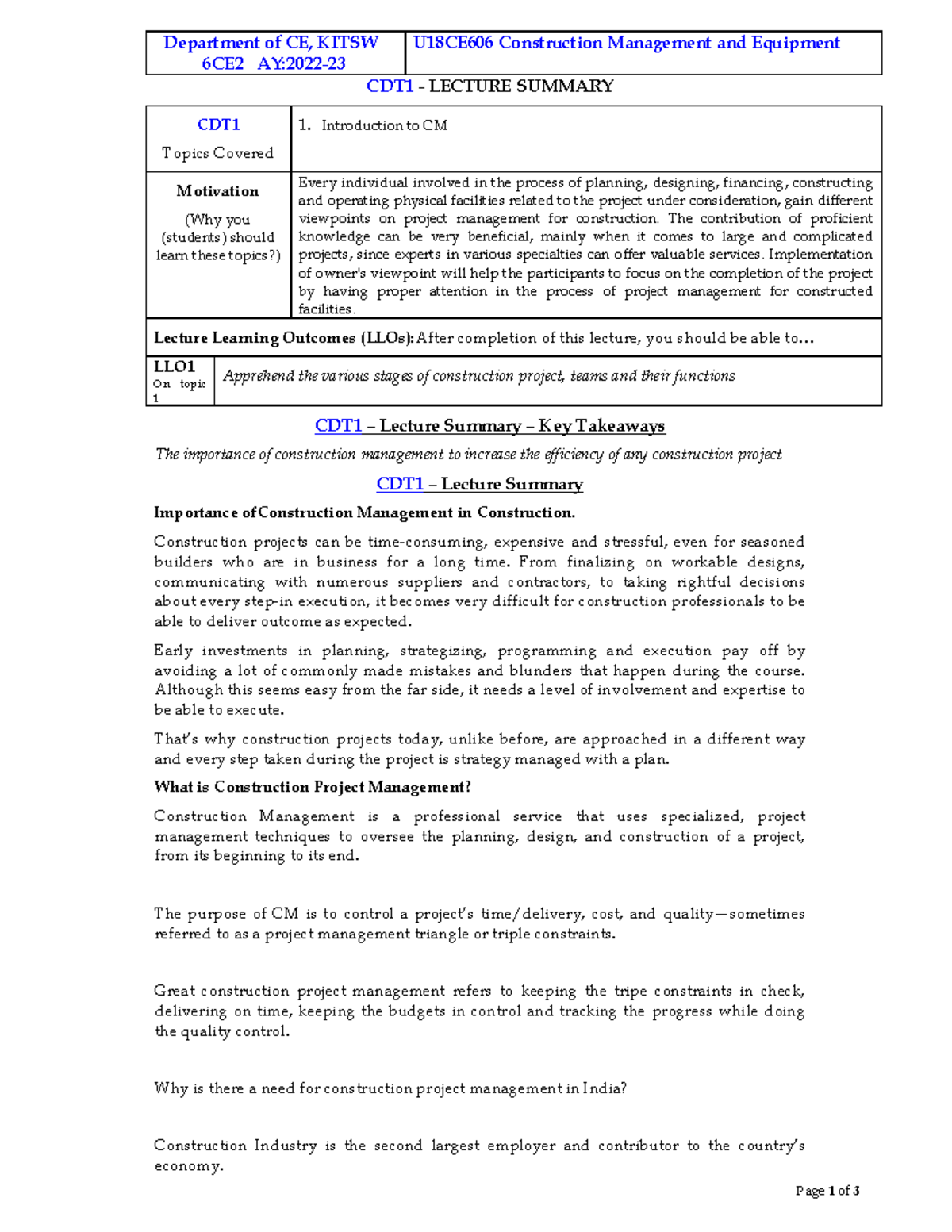 Introduction to construction management - Department of CE, KITSW 6CE2 ...