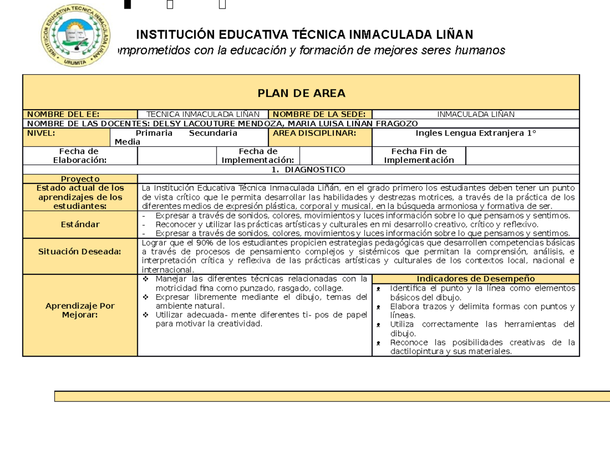 PLAN DE AREA Artistica Grado Primero - INSTITUCIÓN EDUCATIVA TÉCNICA