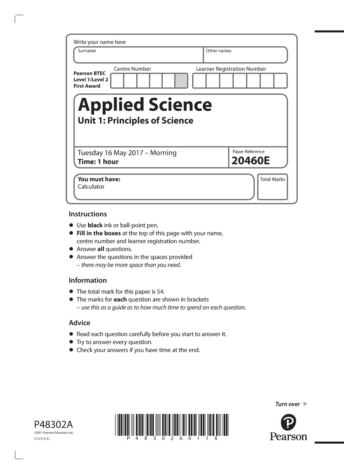 Physics BTEC past paper 1 - Write your name here Surname Other names ...