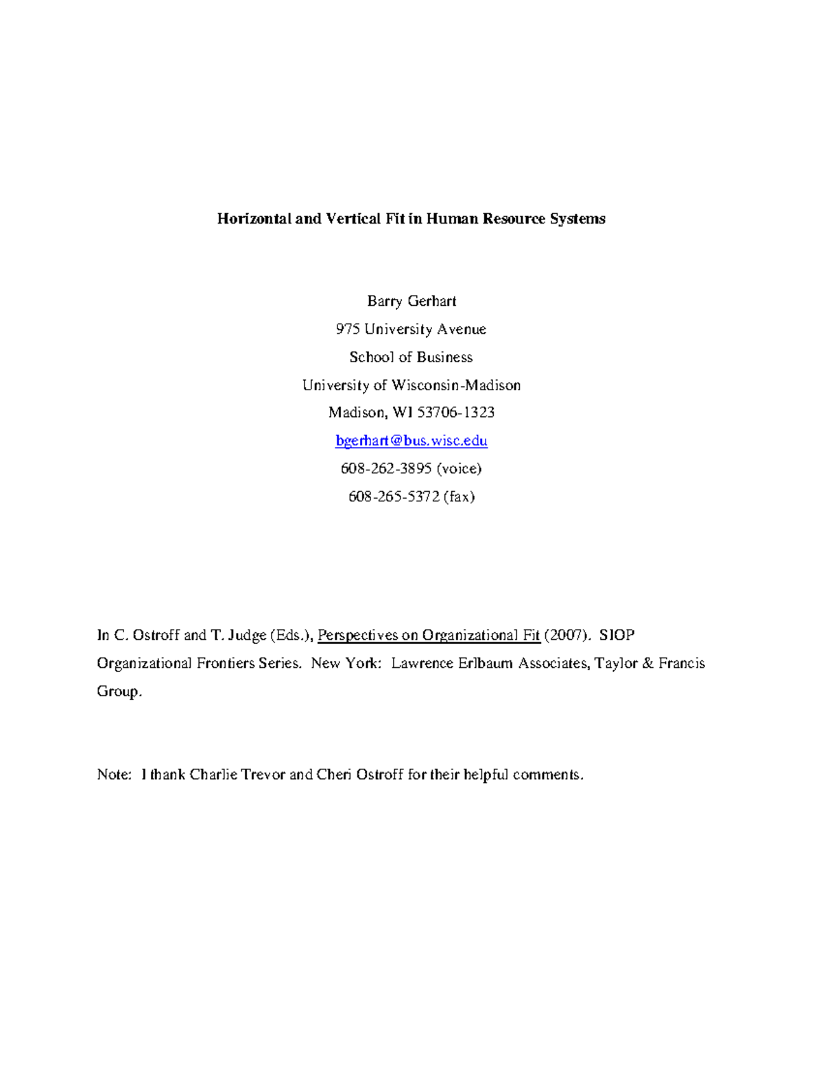Gerhart (2007 ) Horizontal and vertical fit in human resource systems