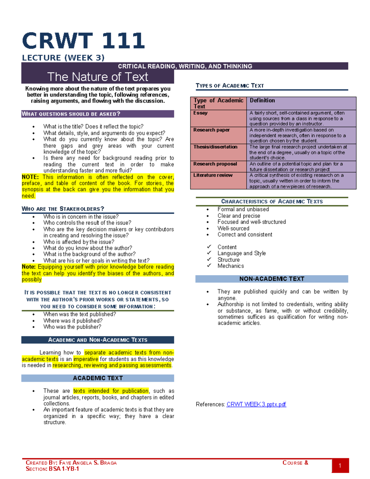 CRWT 111 WEEK 3 - Critical Reading, Writing, and Thinking - CRWT 111 ...