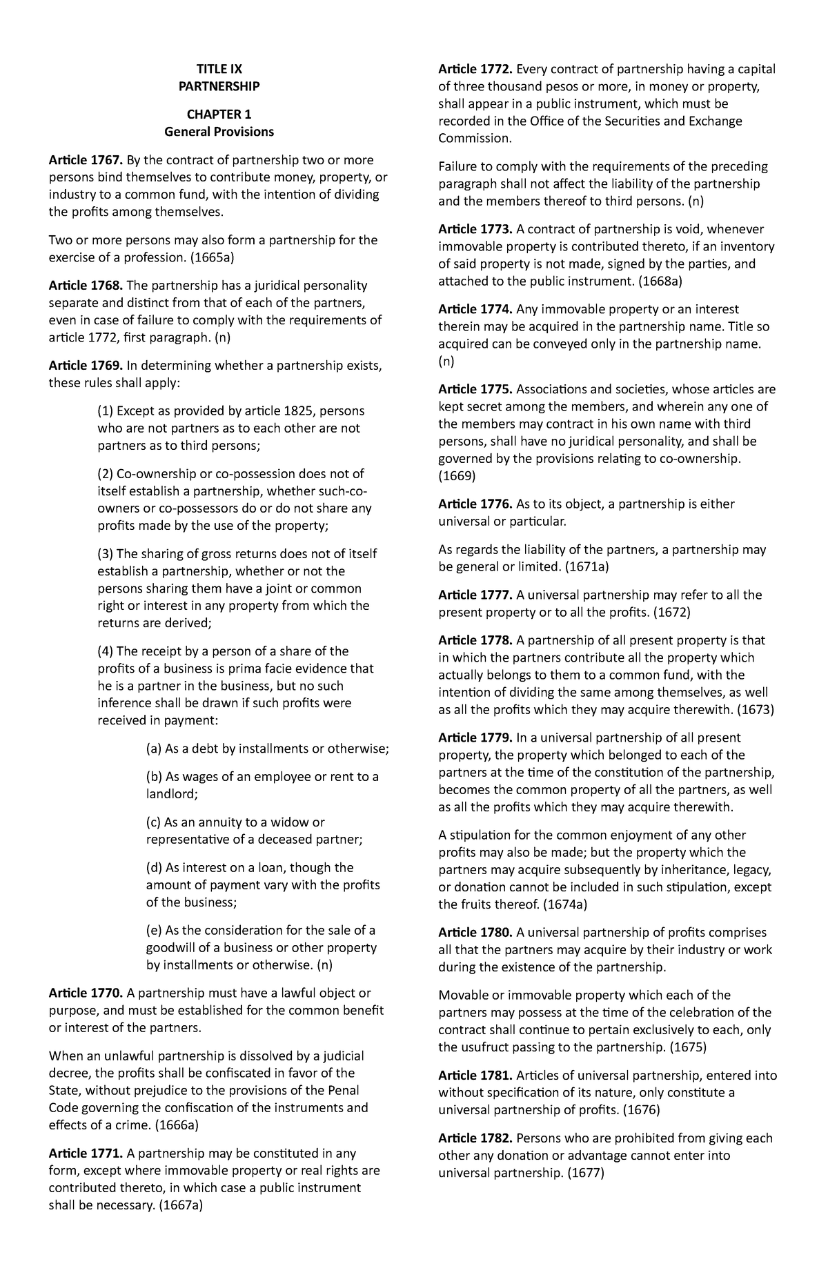 Parnership - LAW2 - Lecture Notes 1 - TITLE IX PARTNERSHIP CHAPTER 1 ...