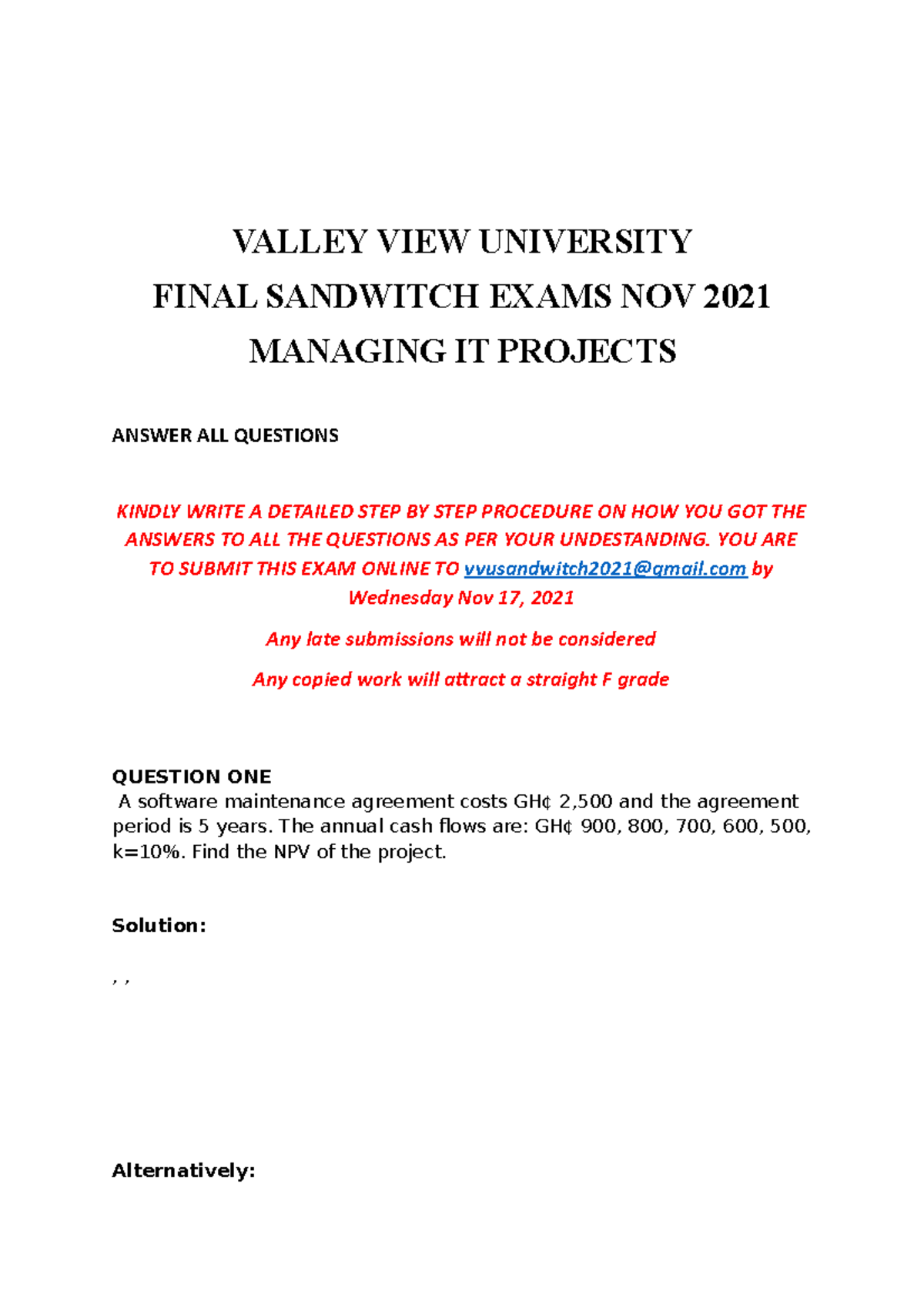 Exams 2 - trial exercise - VALLEY VIEW UNIVERSITY FINAL SANDWITCH EXAMS ...