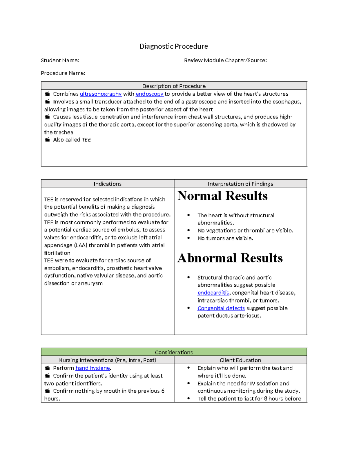 Dia pro transesophageal ecg - Diagnostic Procedure Student Name ...