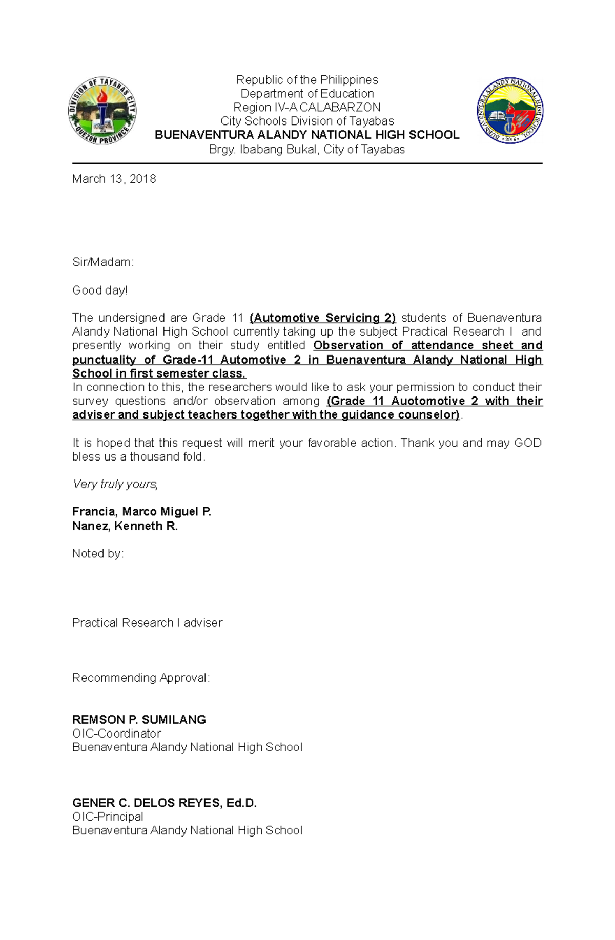 Sample Letter - Republic of the Philippines Department of Education ...