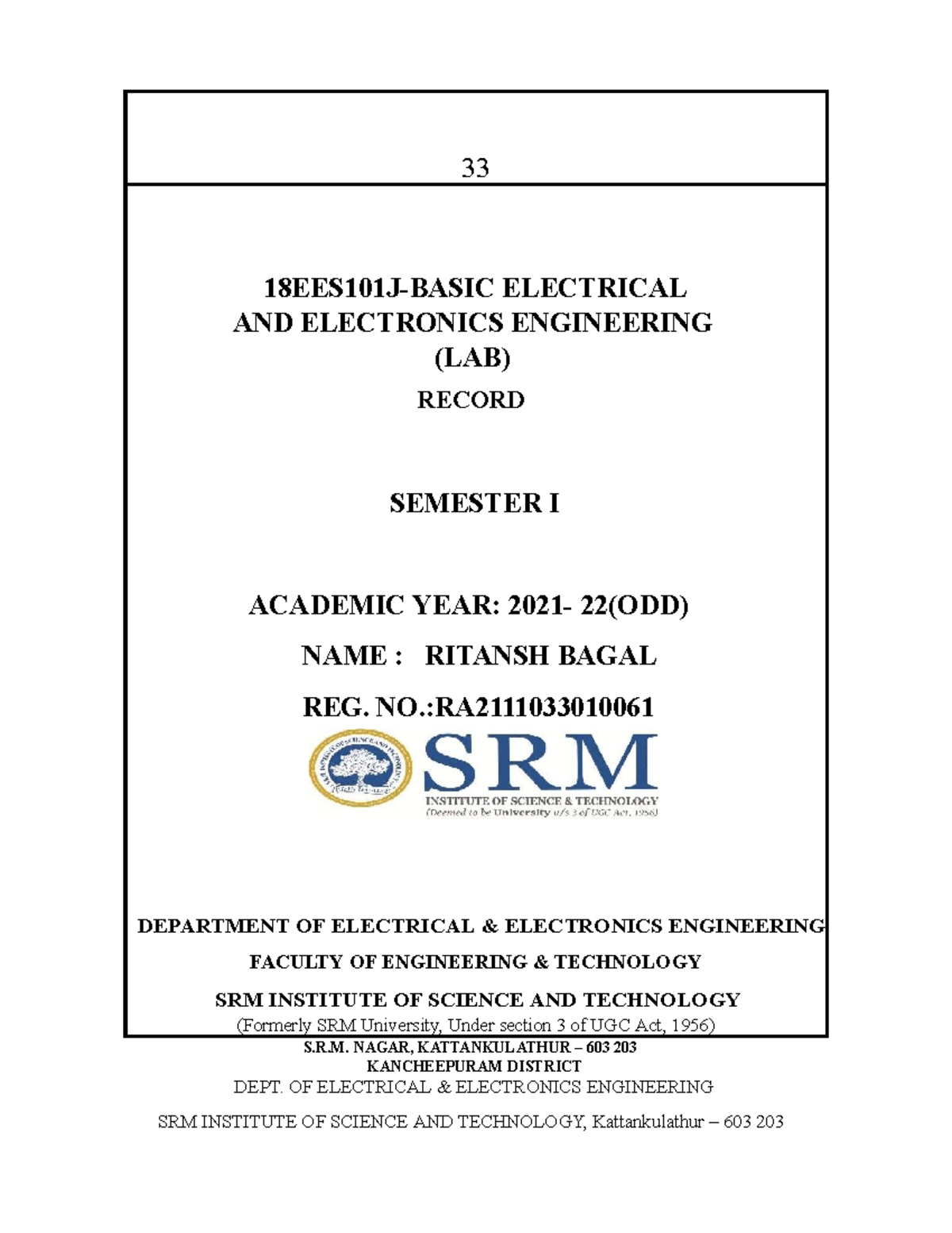 Exp6(types Of Wiring - 33 18EES101J-BASIC ELECTRICAL AND ELECTRONICS ...