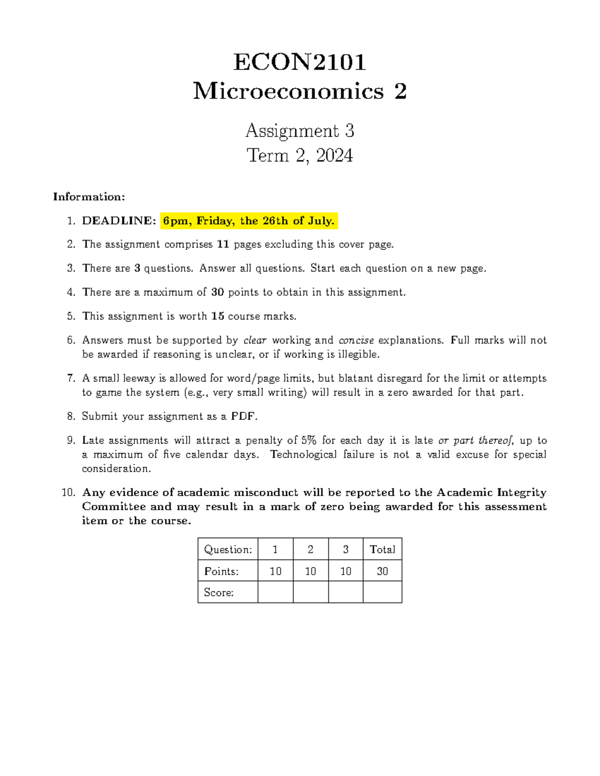 Marking Guide - Assignment 3 - ECON Microeconomics 2 Assignment 3 Term ...