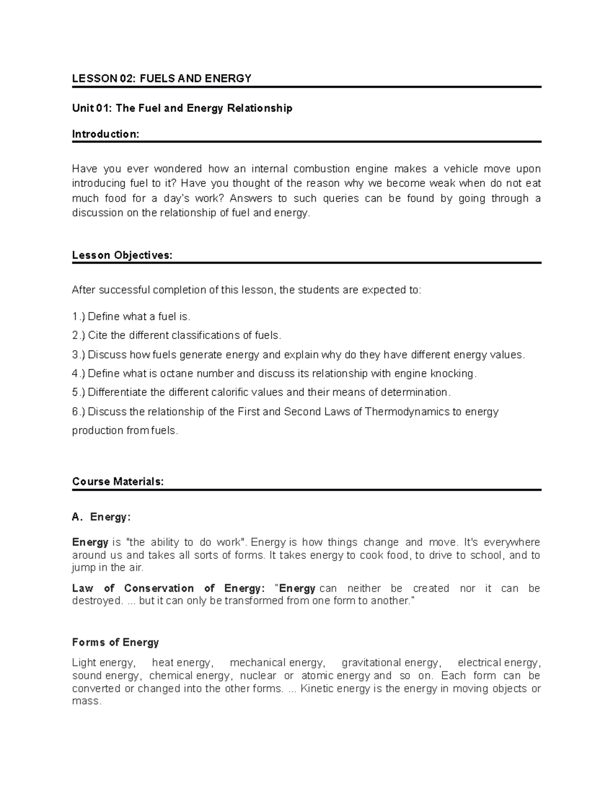Lesson 2 Fuels and EnergyUnit 01 The Fuel and Energy Relationship