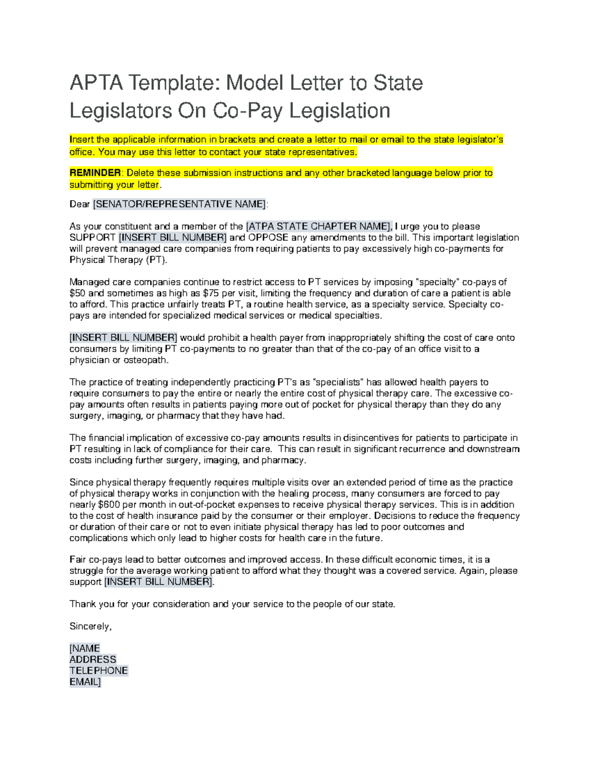 Apta fair copays template letter legislator support 5 APTA Template