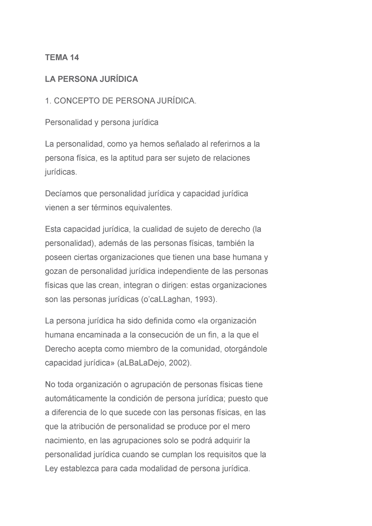 Apuntes La Persona Juridica 1 Tema 14 Tema 14 La Persona JurÍdica 1