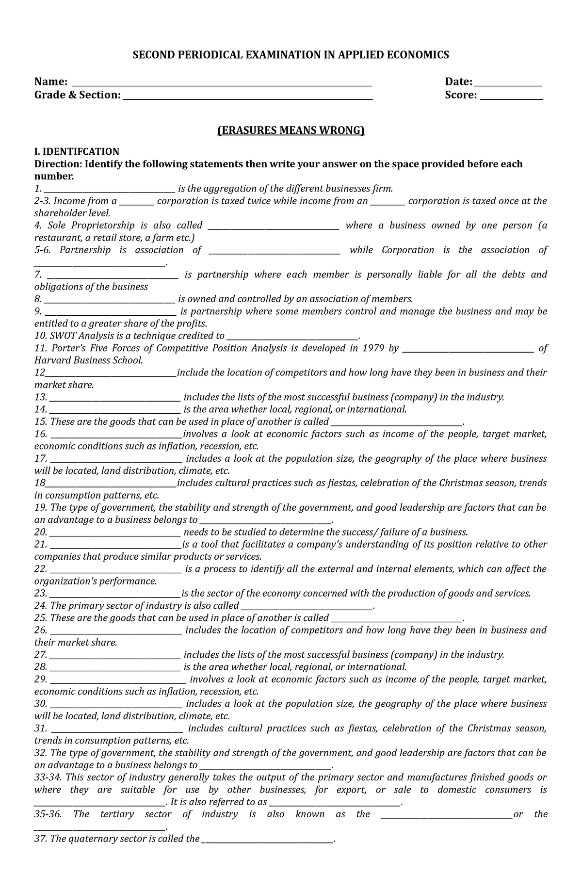 Revised Final Exam In Applied Economics Second Periodical Examination In Applied Economics 4321