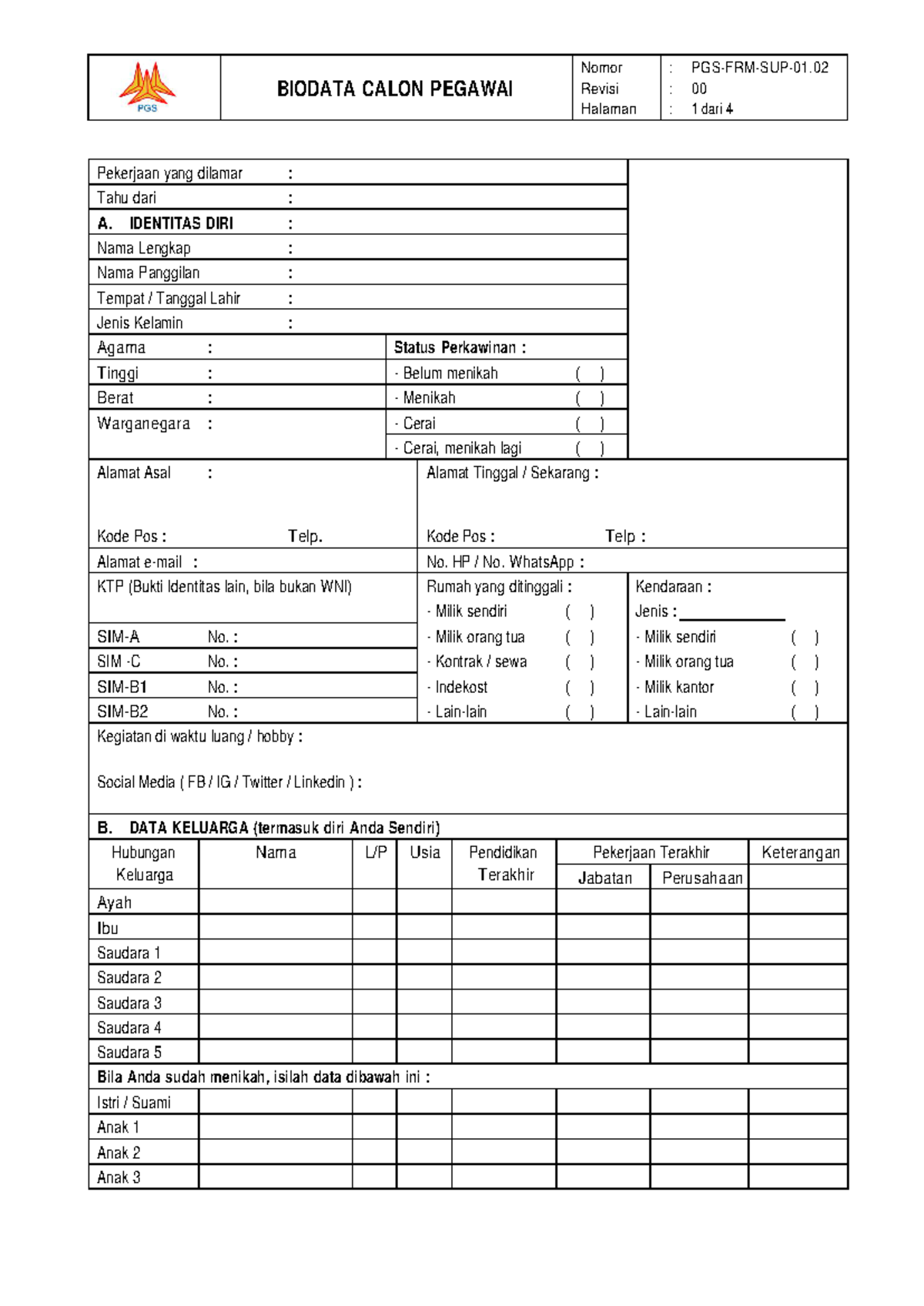 Application Form PT PGS (New) - BIODATA CALON PEGAWAI Revisi : 00 ...