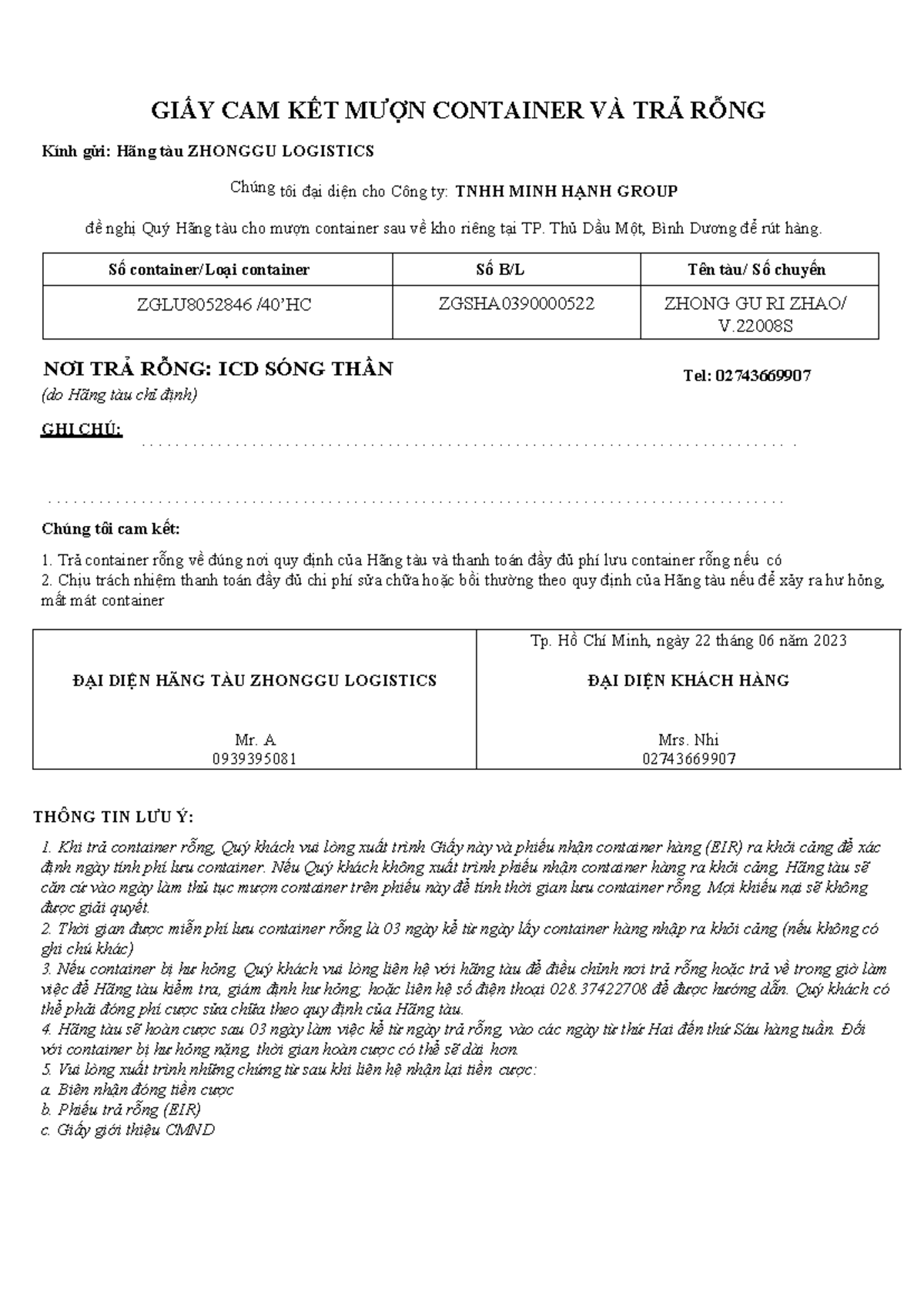 GIẤY CAM KẾT MƯỢN CONT VÀ TRẢ CONT RỖNG - GIẤY CAM KẾT MƯỢN CONTAINER ...