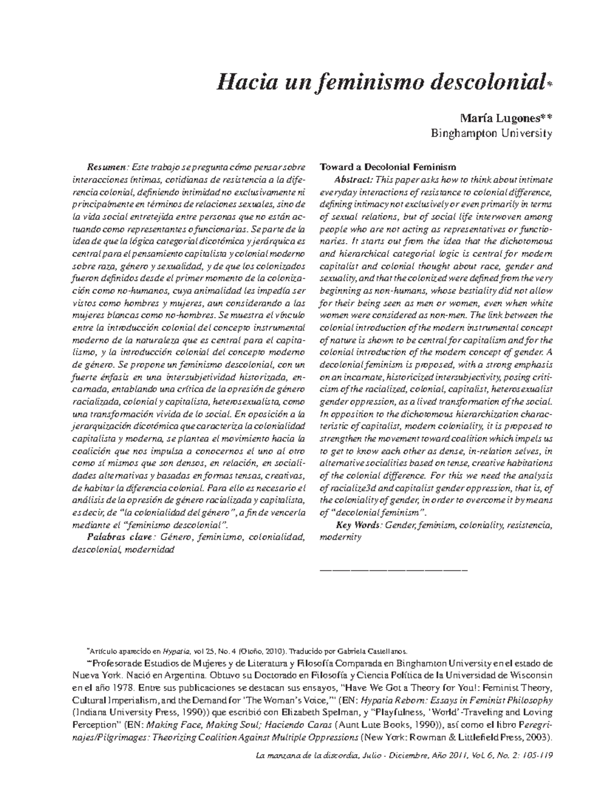 Lugones, María Colonialidad y género hacia