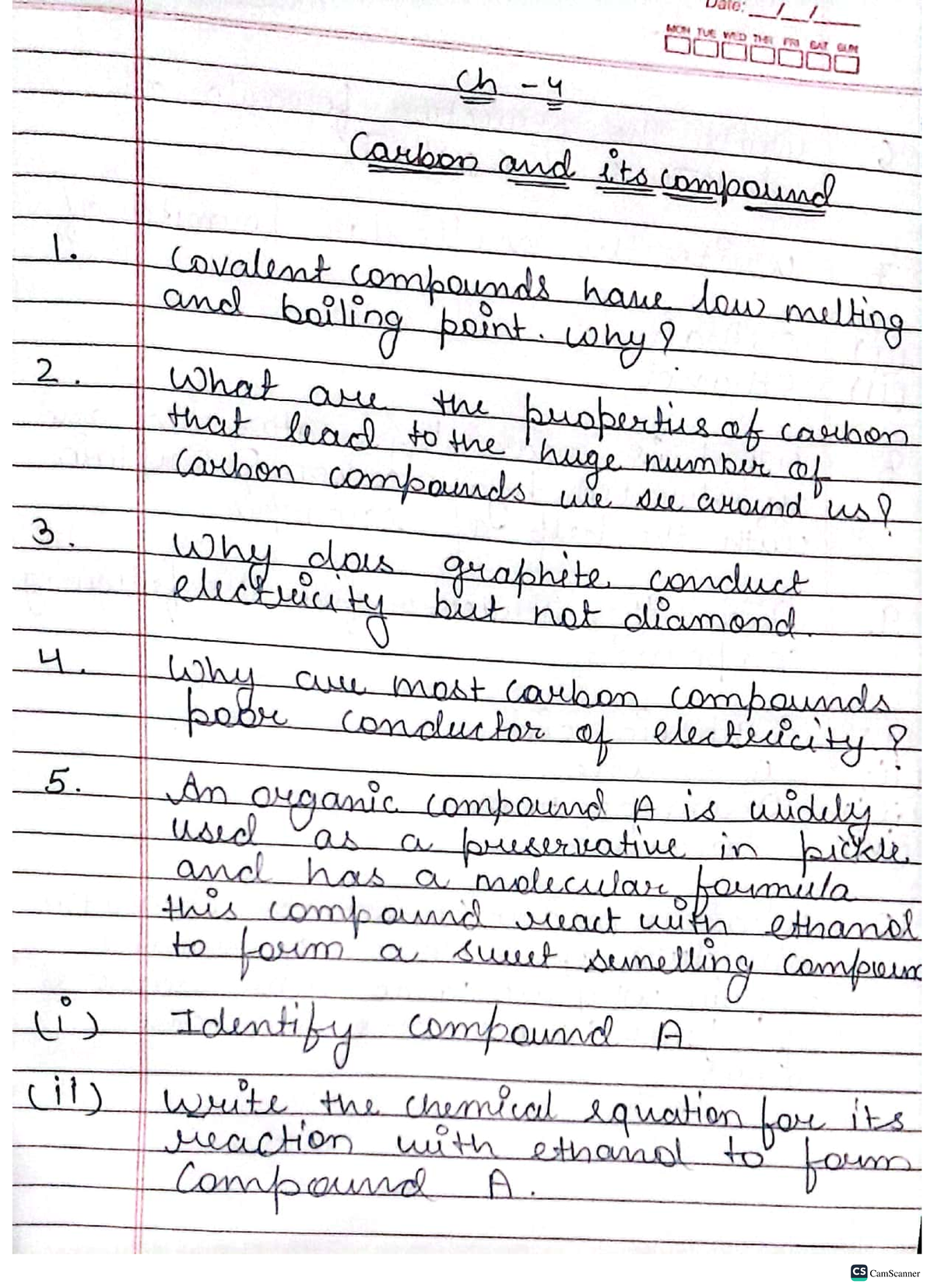 Ch-4 Carbon and its compound Questions - 10th std science - CamScanner ...