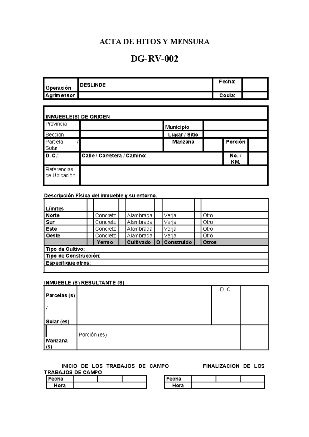 ACTA Hitos Y Mensura modelo - ACTA DE HITOS Y MENSURA DG-RV- Operación ...