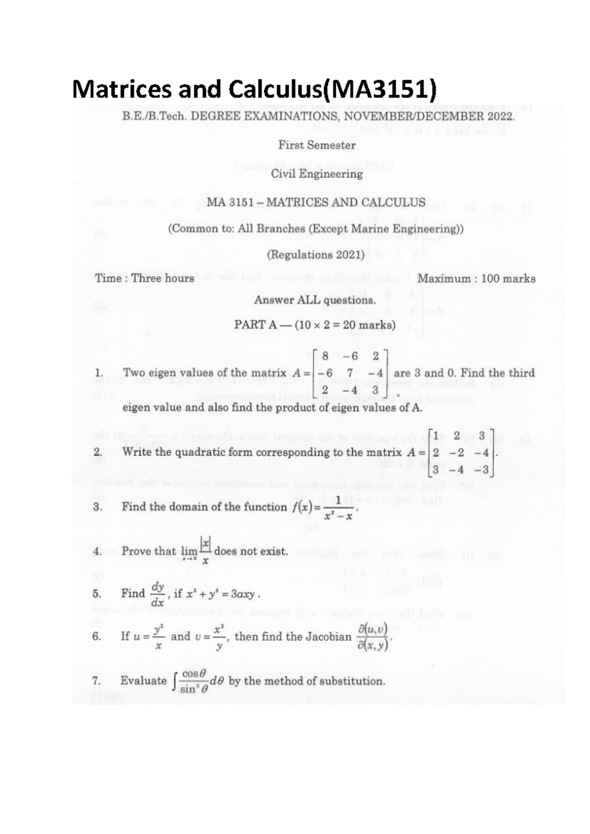 Matrices and Calculus Sem Qns(Reg-2021) - Matrices and Calculus(MA3151 ...