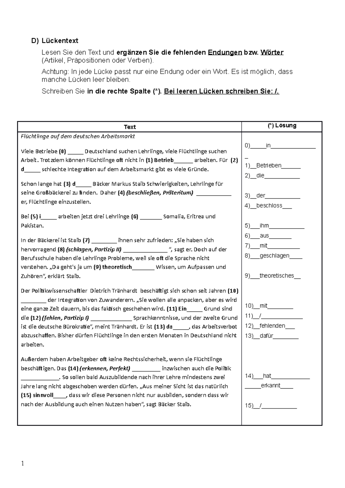 Lückentext Loesung Woche 9 - D) Lückentext Lesen Sie den Text und
