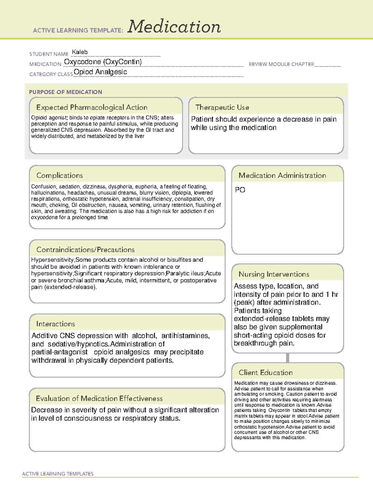 ATI Medication Oxycodone (Oxy Contin) - ACTIVE LEARNING TEMPLATES ...