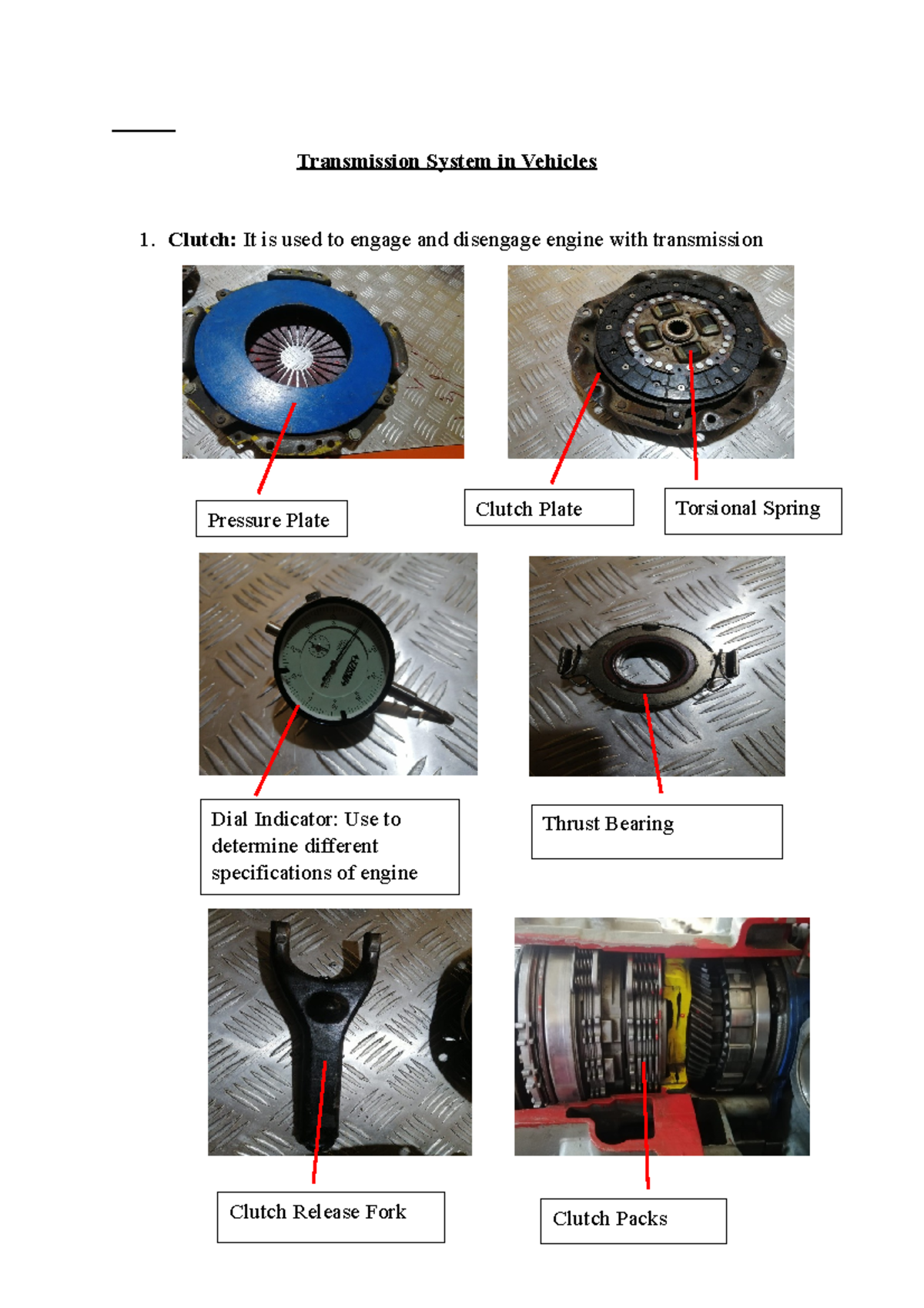 Lab Report1 Transmission System in Vehicles Clutch It is used to