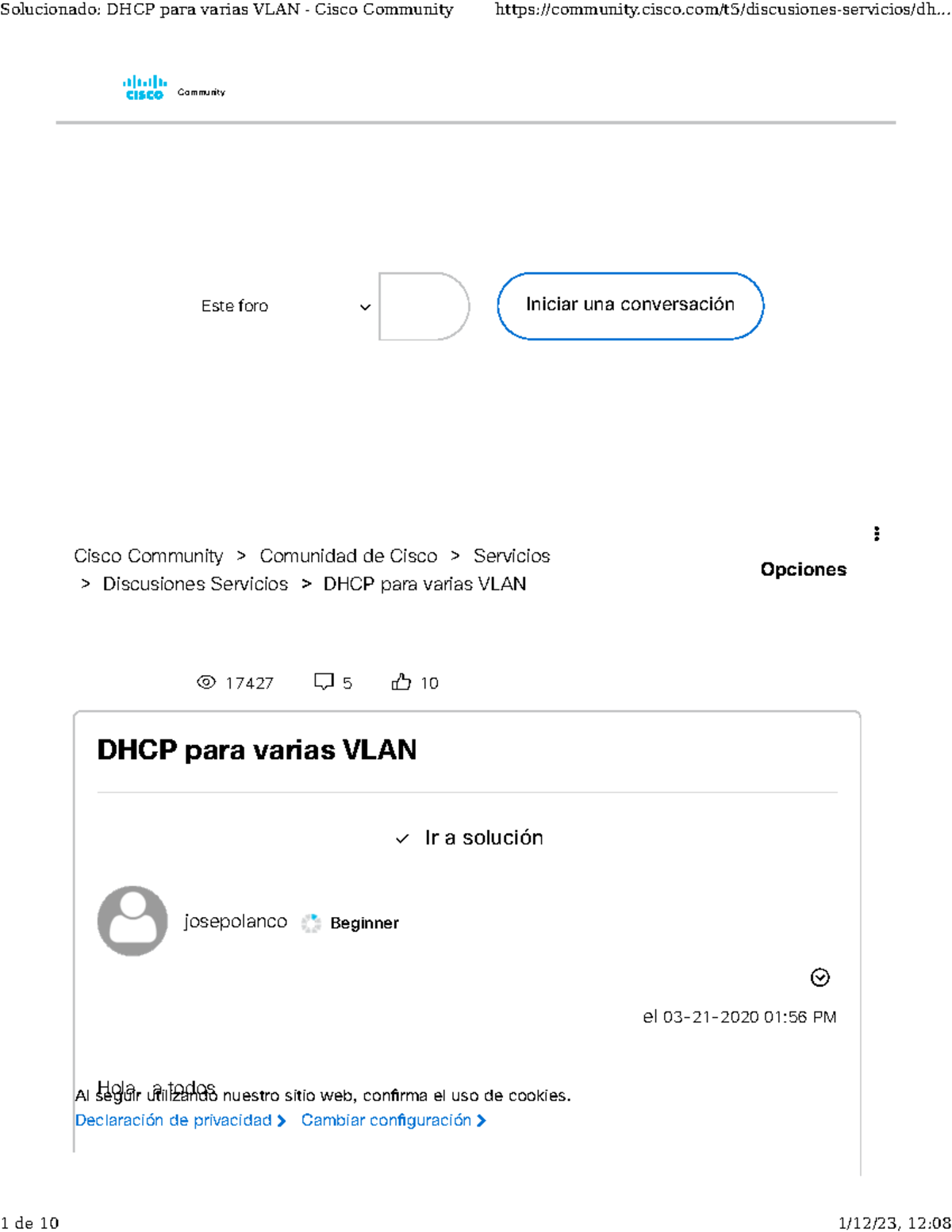 Solucionado DHCP para varias VLAN - Cisco Community - Community Cisco ...