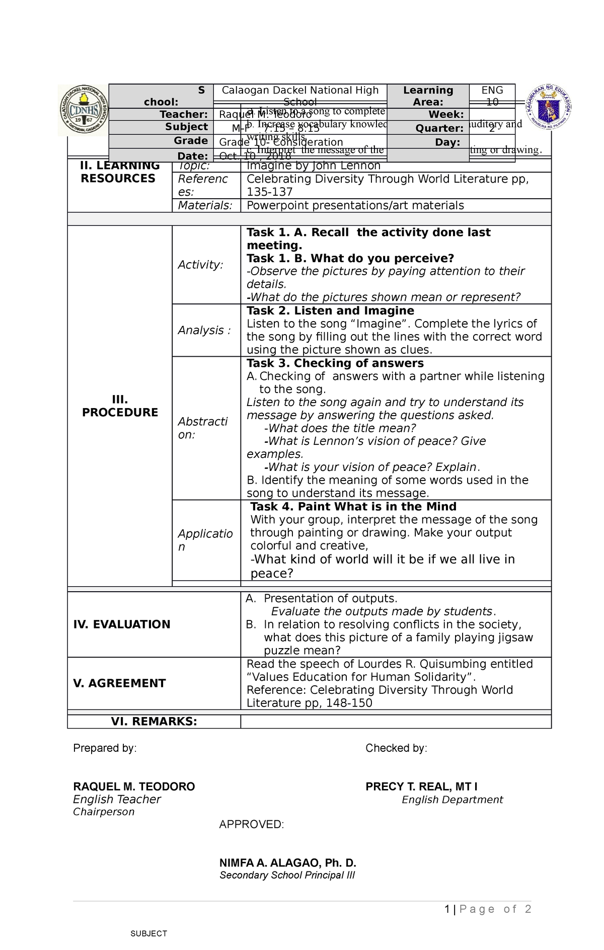 Imagine - educational - I. LEARNING COMPETENCY AND OBJECTIVES a. Listen ...