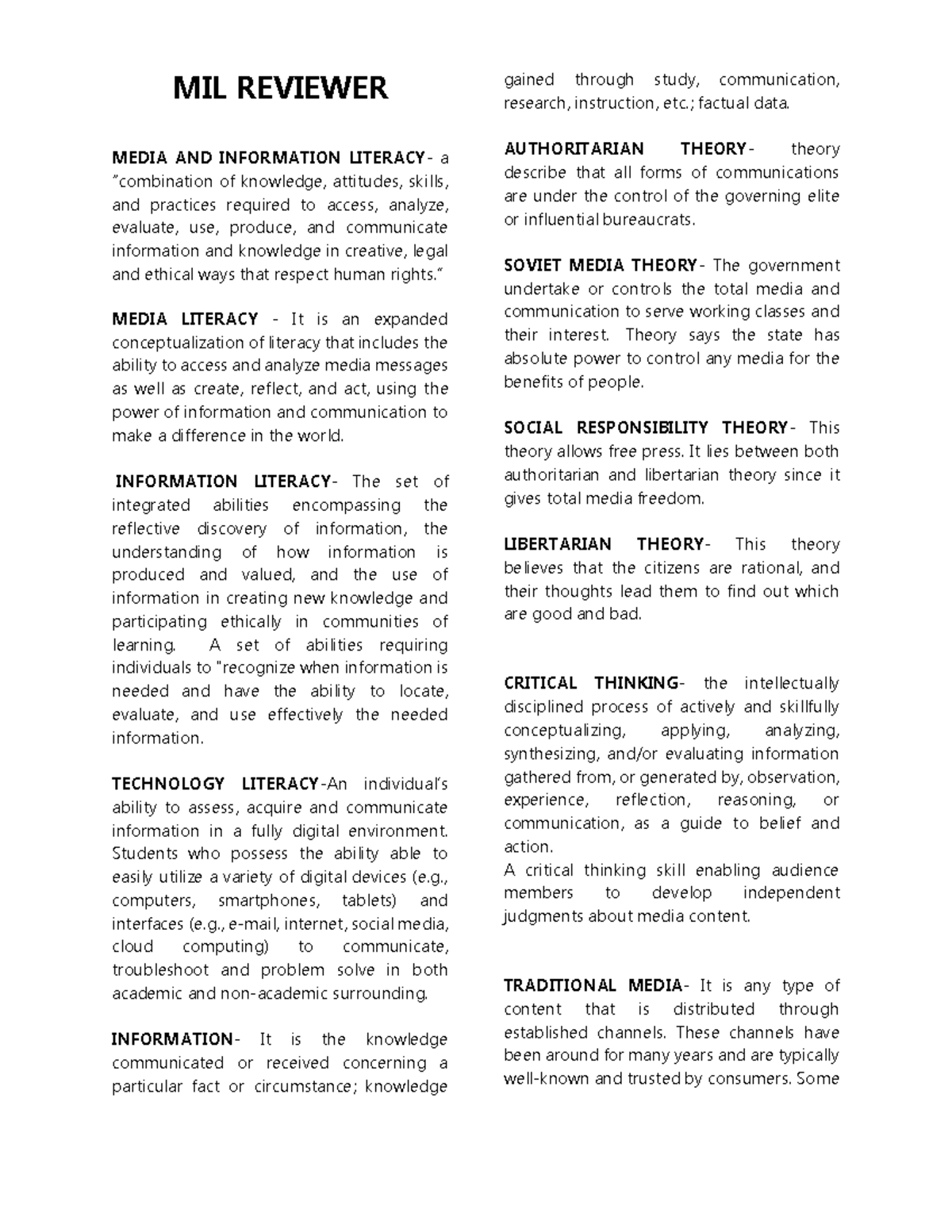 MIL- Reviewer - MIL REVIEWER MEDIA AND INFORMATION LITERACY- a ...