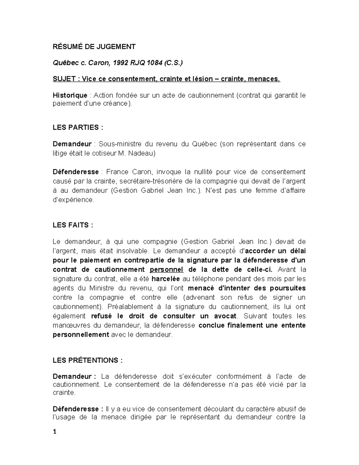 Québec c. Caron - Résumé jugement - RÉSUMÉ DE JUGEMENT Québec c. Caron ...