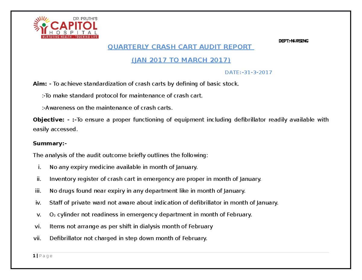 Crash Cart audit Jan 17 Mar 17 QUARTERLY CRASH CART AUDIT REPORT