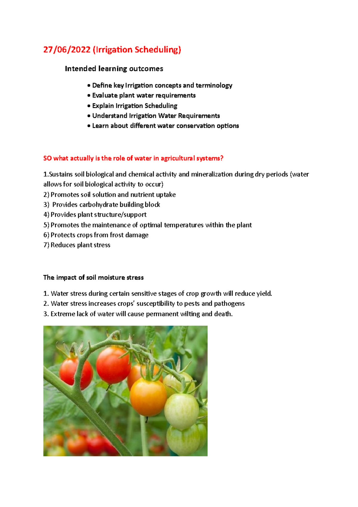 Irrigation WM Lecture notes 27/06/2022 (Irrigation Scheduling