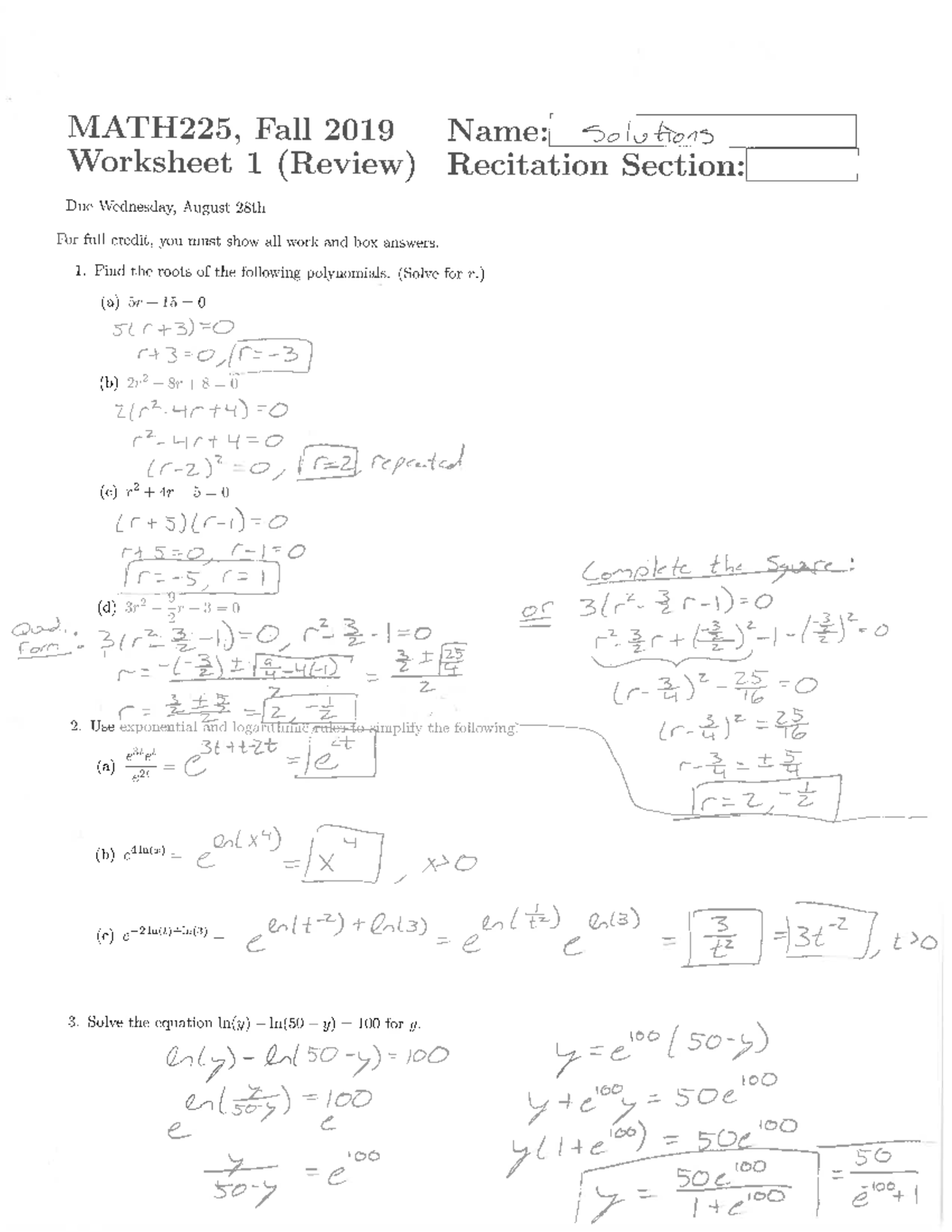 WS1-Solutions - Work For Worksheet 1 - MATH225 - Studocu