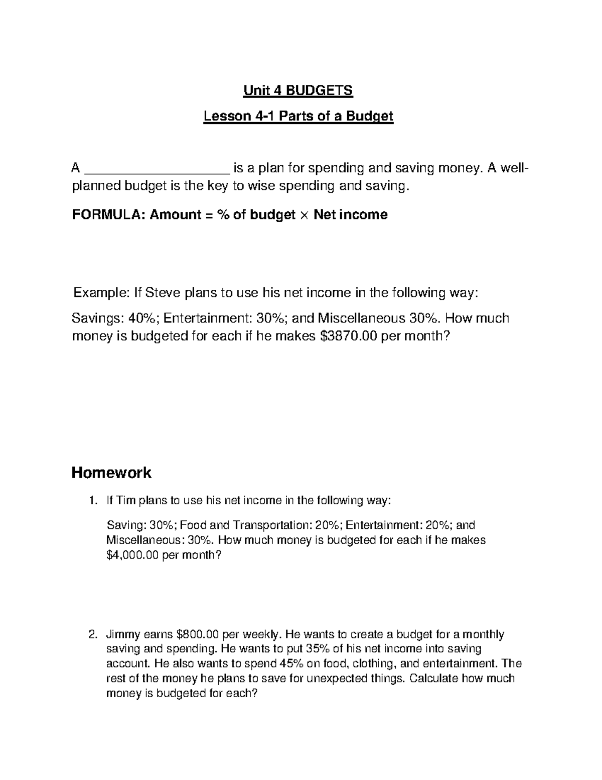 Unit 4 Budgets - Budget Lessons - Unit 4 BUDGETS Lesson 4-1 Parts Of A ...