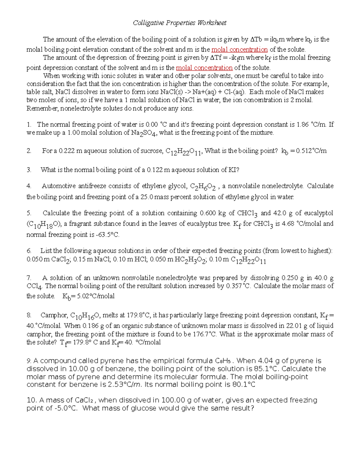 Colligative Properties WS and Answers - Colligative Properties ...